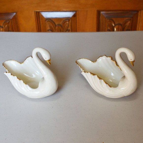 Vintage Set of (2) Lenox Gold Trim Swans Porcelain Trinket Candy Dish Figurine - Picture 2 of 12